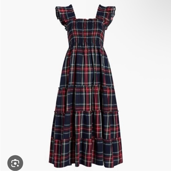 BNC Hill House The Ellie Nap Dress in Navy Tartan Plaid Midi Ruffle Dress - Picture 2 of 10